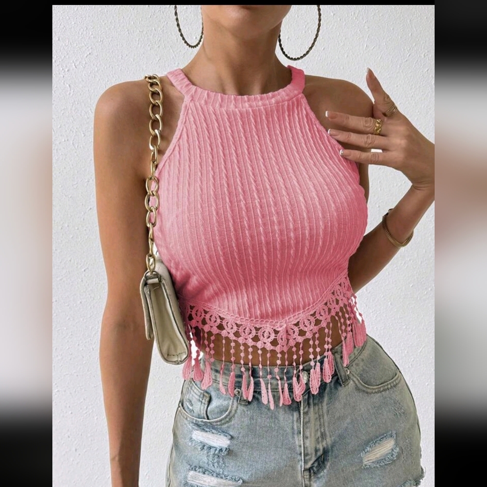 Pink Sleeveless Crochet Hem Top